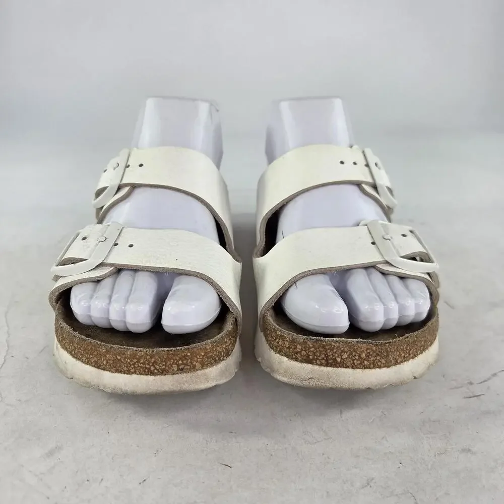 Birkenstock Arizona Soft Footbed Sandals Size 36 White Leather Buckle Slide - Picture 2 of 11